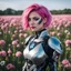 Placeholder: a woman with pink hair standing in a field of flowers, intricate cyberpunk make - up, tiktok, animatronics, detailed skin, ecktochrome, saw, girl is running, endoskeleton, full-cosplay, detailed face of an android, orianna, aubrey, cutecore clowncore, suki, shot with Sony Alpha a9 Il and Sony FE 200-600mm f/5.6-6.3 G OSS lens, natural ligh, hyper realistic photograph, ultra detailed -ar 1:1 —q 2 -s 750)