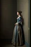 Placeholder: woman with XVIII siecle dress leaning against the wall, realistic style, full figure frontal view