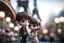 Placeholder: cute chibi mahogany haired girl with a short, silver haired boy, Eiffel tower, heart and love, flowers in Paris, ethereal, cinematic postprocessing, bokeh, dof