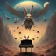 Placeholder: monochromatic black and white bugs bunny composer piano, diffrent planet, one swine pig piggy flying wasp angel, beksinski style daker theme dark black dark black monochromatic