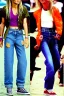 Placeholder: year 1996 denim fashion. Loose fit, low waist, baggy. Colors: denim blue, blue, purple, khaki, light green, lilac, plum, orange, terracotta, red, pink, dark blue, beige. Women models. Jennifer Lopez, Gwyneth Paltrow, . Big tennis shoes on.