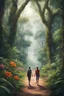 Placeholder: there are two humans friend. walking in the jungle.large trees.short road.beautiful flower