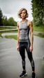 Placeholder: photography of a beautiful anorexic woman, grey satin triathlon top, sports illustrated, blond short wavy bob haircut, pronounced sternum, flat chest, anthracite cycling leggins