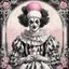 Placeholder: Storybook illustration of a Pierrot Clown, black and white with pink accents, Beardsely style, art nouveau elements, vintage drawing, pierrot vintage, black and white marble floor