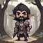 Placeholder: Aanthis Fadas is a male dark elf with up-pinned dark hair and beard moustache combo wearing grey and brown tribal armor and living in a wood elf hut , in chibi art style