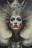 Placeholder: a closeup facial portrait of a prom queen from the rock band KISS - extreme action pose - oil painting by Gerald Brom