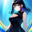 Placeholder: 8k, Girl, high quality, detailed, black hair, blue eyes, beautiful lighting, vibrant colors, blue and black outfit