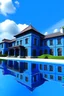 Placeholder: blue mansion with a huge infinity pool and lambergeaney