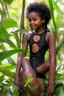 Placeholder: young natural black teen girl in the jungle playing with dad in swimsuit