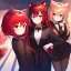 Placeholder: Clear focus,High resolution,High quality, Red fluffy hair, Red eyes, Red cat ears, Wearing black stockings, wearing a black suit