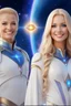 Placeholder: cosmic woman smile,beautiufos rainbow, admiral from the future, galactic confédération, fine whole face, crystalline skin, expressive blue eyes,rainbow, smiling lips, very nice smile, costume pleiadian, Beautiful tall woman pleiadian Galactic commander, ship, perfect datailed golden galactic suit, high rank, long blond hair, hand whit five perfect detailed finger, amazing big blue eyes, smilling mouth, high drfinition lips, cosmic happiness, bright colors, blue, pink, gold, jewels, realist,