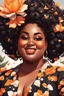 Placeholder: Create a expressionism cartoon art style image of a plus size black female looking down with a smile on her face. Prominent makeup with hazel eyes. Highly detailed messy curly bun with a hair scarf tied on her head with large orange magnolia flowers surrounding her. 2k