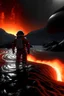 Placeholder: astrounaut flowing half in river of lava on another grey planet the sky is dark and full of stars , in his face one can see the universe Ultra HD