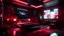 Placeholder: Cyberpunk very huge luxury bedroom, very huge bed, Detailed. Rendered in Unity. Japanese elements. Black and red lighting. Holograms. add a sakura tree into the room. Add a japanese katana in the wall and a gaming pc, red curtain, many gun