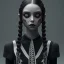 Placeholder: Wednesday Addams, Wednesday with braids standing with her arms crossed, dark, soft goth lip, hyper detail, octane render, unreal engine 5, photorealistic, 8k resulation