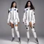 Placeholder: outside, on the moon: the twin women's leotard space suits are not just simple attire, but a fusion of style and functionality. These unique ensembles feature an abundance of zippers and badges, adding an extra layer of visual intrigue to their lunar expedition. The leotards, snug against their bodies, are adorned with various metallic zippers, strategically placed to accentuate their curves while allowing ease of movement. Each zip serves as a tantalizing invitation to explore