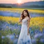 Placeholder: Young woman in flower field in the evening