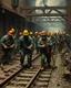 Placeholder: Bosch painting style ,nightmare, a lot of blacksmiths and construction workers holding shavles and construction tools working on train tracks building and digging