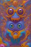 Placeholder: a group of colorful monsters, a stop-motion animation, colorful splashing liquids, yellow, purple, blue, naive art, repeating pattern, maximalist, biomorphic, grotesque, lowbrow, hellish background