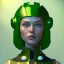 Placeholder: woman, rounded face, green, round helmet, decorative color feathers, retro futuristic, latex coat, soft color, highly detailed, art stations, concept art, smooth, unreal engine 5, god rays, ray tracing, RTX, lumen lighting, ultra detail, volumetric lighting, 3d, finely drawn, high definition, high resolution.