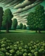 Placeholder: A dark green country with clovers painted by Rene Magritte