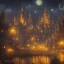 Placeholder: gothic painting of a city in a fantasy starry night photorealistic