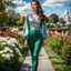 Placeholder: fullbody girl makeup wearing a dark green-silver victorian top and pants walking in moder city of 2040 park ,flowers ,pretty clouds in blue sky,city escape.