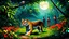 Placeholder: A tiger prowls through a lush jungle filled with dense foliage, vibrant red and yellow flowers, and tall trees. In the background, three figures carrying spears walk through the undergrowth, and a full moon shines in the night sky. A bird perches on a branch in the upper center of the image. The scene is rendered in a naive, dreamlike style with bold colors and flattened perspective.