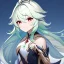 Placeholder: Genshin woman, Clear Focus High resolution, Calm Background, Light skinned woman, Green long beatiful hair, Red sparkling eyes, Very Beatiful Face, Splash art