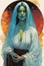 Placeholder: create an imaginative drawing of the pale translucent ghost of an ancient Romanian female gypsy fortuneteller, clothed in ragged traditional dress, with finely detailed hair and feminine facial features, in the comic book art style of Bill Sienkiewicz, Mike Mignola, and Jean Giraud Moebius, finely textured, drawn, colored, and inked, suffused with dark foreboding shadows