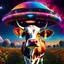 Placeholder: a vibrant sparkling alien spaceship is covering all the sky, a cow is flying under it, seen from below, 8K, hyperdetailed, colourful, triadic colours, photorealistic digital art