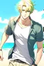 Placeholder: The handsome and perfect portrait is on Spruce Street, anime, blonde-haired and green-eyed male character on the beach for the magazine, 8K resolution, high quality, ultra graphics, and detailed with lines.