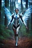 Placeholder: Front View night photography Beautiful Angel woman cyborg cybernetic, warframe armor, straddle wings in Magical Forest full of lights colors, Photography Art Photoshoot Art Cinematic Soft Blur Colors - on Running Dramatic Pose