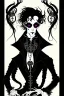 Placeholder: gothic creepy handsome black haired warlock with gothic jewelry and tentacle hands in the style of aubrey beardsley