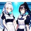 Placeholder: Clear focus, 8k, beautiful lighting, vibrant colors, two girls, white long hair, vibrant golden eyes, messy hair, hair in between the eyes, ponytail, maid,