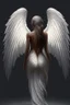 Placeholder: full body woman angel from back, angel wings tear her skin away and coming through from her neck, bun haired angel wearing long tunic ultra realistic design