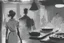 Placeholder: black and white storyboard, wide, on the Foreground there is a man and a girl in profile close to the camera, we see just part of their bodies passing by, and in the background, 3 chefs, scattered throughout the kitchen cooking, frying, cutting