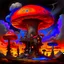 Placeholder: A fantabulous black, orange, and blue (((mushroom tower house))) erected atop a (geologic pillar), surrounded by the uncanny imaginative ((( swirling skies))), offset by the stark hues of a (neon-tinged nebulous space scape), within. captured by the hand a skilled master painter with a focus on (softly blurred compositions and voluminous lighting).