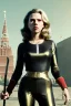 Placeholder: retro portrait image from 1960, Moscow background, wind, long hair, fighting stance, sweet young Scarlett Johansson, classic black tight lycra suit, metal stick weapon, gold bracelet and belt, high heel boots, soft color, highly detailed, unreal engine 5, ray tracing, RTX, lumen lighting, ultra detail, volumetric lighting, 3d, finely drawn, high definition, high resolution.