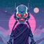 Placeholder: 8 bit pixelart of a terminator like robot, synthwave colored, vaporware, budist monk robe