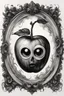 Placeholder: A realistic drawing in negative space black ink on white background of a apple in a mirror baroque with very defined tearing eyes and correct details and brushstrokes smoke around it