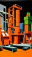 Placeholder: An orange factory with hammer machines painted by Stuart Davis