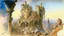 Placeholder: Destroyed City, medieval ruins, debris, stone, breched, brocken, Perspektiv from the sky, by Jean-Baptiste Monge, Ivan Bilibin, Albert Bierstadt, Reza Badrossama, watercolor, intricate details, fantasy, beautiful, oil on canvas, award winning, imperial colours, fantastic view, radient colours, very attractive, crisp quality