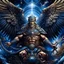 Placeholder: God-like man with infinite power who owns the galaxies and wears a beautiful crown, a jewel of diamonds and galaxies with weapons riding on a creature with an eagle head and eagle wings and eagle hands