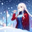 Placeholder: Clear focus, 8k, high quality, detailed, beautiful lighting, girl, vibrant colors, white long hair, vibrant red eyes, jacket, snowing, playing in snow,