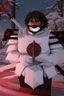 Placeholder: The character, in a striking white armour against a wintry backdrop stands with his hands behind his back inside the scene, he has a red and black circular symbol on his chest like a shield, a black pointed spear with a red handle on his back, His eyes are showing a dynamic expression and he wears a black oni mask with white teeth on it covering the bottom part of his mouth he has brown shoulder pads and a white belt with a bag attached to it. He has dark brown hair, he does not wear a helmet.