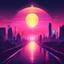 Placeholder: all night in a future city beautiful, synthwave picture style with light pixel, the sunset on the horizon, with a big pixelated sun and a half moon