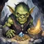 Placeholder: Dark Fantasy, bold fantastical grand digital watercolor and ink painting: super greedy sinister goblin-orc thief with wide eyes leeringly covetously admiring a fistful of jeweled treasure from a Dragon's hoard mound, face lit by large shining white diamond, fantastical illustration, in background is a single dragon's angry eye which barely can be seen between two columns, dark colors, dramatic, fantasy masterpiece, ultra detail, dynamic composition