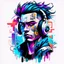 Placeholder: Tshirt design, cyberpunk, art boys for style tattoo, abstract color hair, headphone, multimedia, with text "digi", Grafity style, White background.