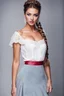 Placeholder: upper body closeup of very beautiful lady skirt and bluse , Braided hair ,standing idle pose in studio pretty makeup